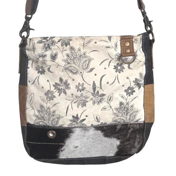 Myra Albino Crossbody Purse Leather Floral Print Canvas Cowhide Boho Western‎ - Picture 1 of 12